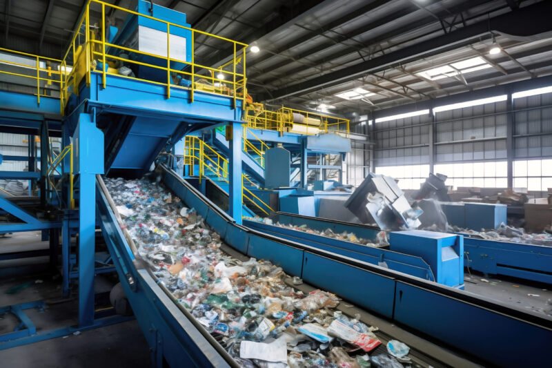 Waste sorting plant. Many different conveyors and bins. conveyors filled with various household waste. Waste disposal and recycling. Waste processing plant.